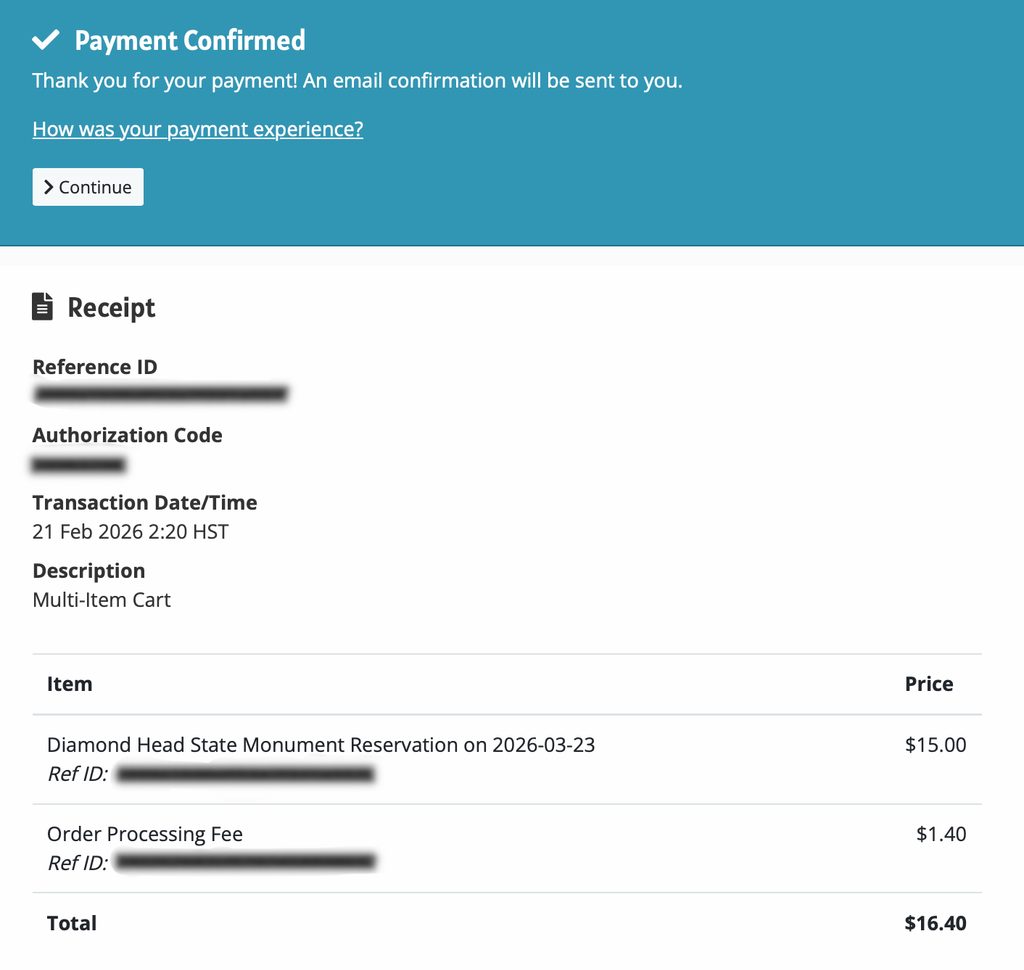 ダイヤモンドヘッド予約完了画面（Payment Confirmed）