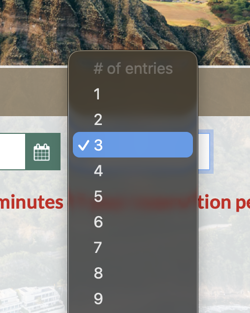 ダイヤモンドヘッド予約サイトの「# of entries」入力画面