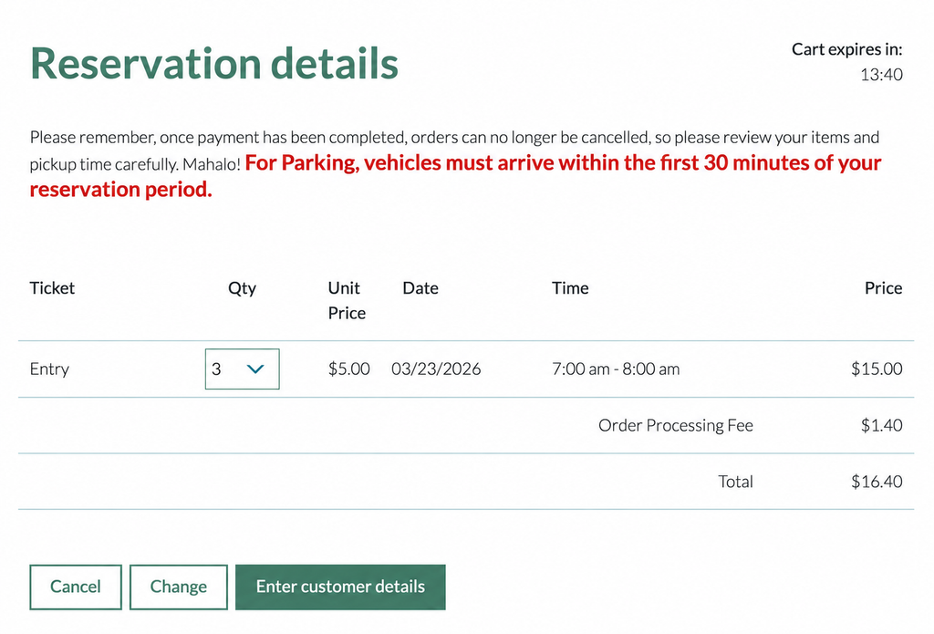 ダイヤモンドヘッド予約サイトのReservation details画面