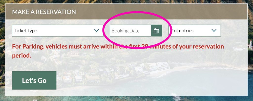 ダイヤモンドヘッド予約サイトのBooking Date選択画面